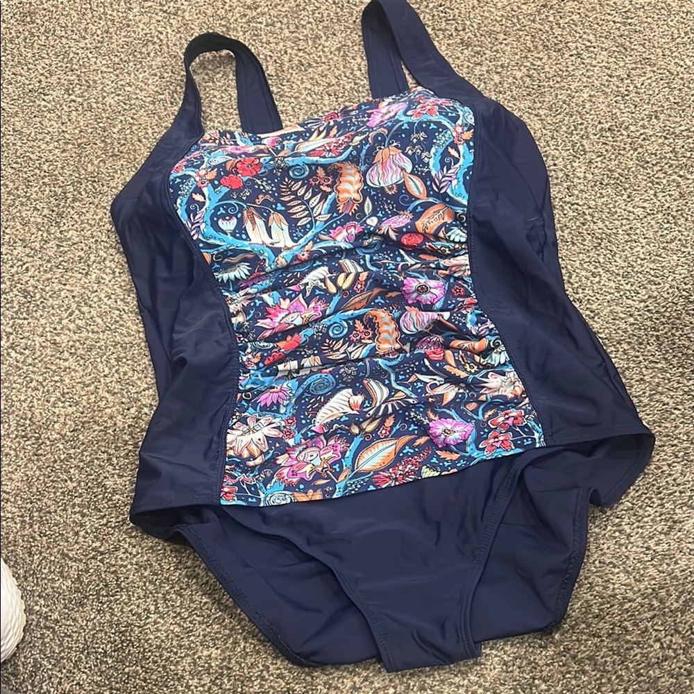 Blue One Piece Swimwear with Patterned Panels